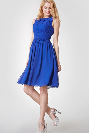 Elegant High Neck Pleated Short Chiffon Dress With Sash