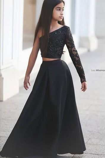 Sexy Black Two Piece Lace Flower Girl Dress Black One Sleeve A-line