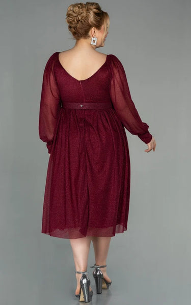 Casual Long Sleeve V-neck Criss-cross Empire Tea-length Plus Size Mother of Bride Dress