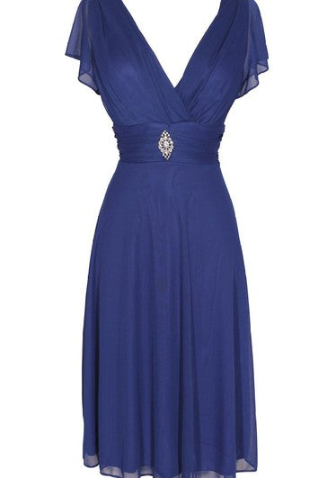 Short Sleeve V-neck Knee-length Chiffon Dress With Beading