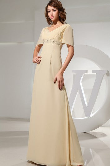 Chiffon Floor-Length Strapless Dress With Ruching and Beading