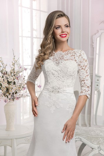 Half Sleeve Lace Top Long Mermaid Dress with Crystal Detailing