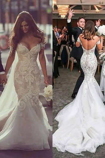 Trumpet Court Train Off-the-shoulder Lace Wedding Dresses