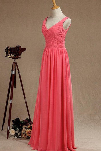 V Neck A-line Pleated Chiffon Floor Length Dress V Back