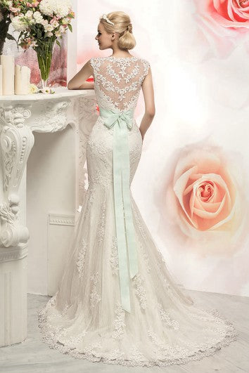 Trumpet Floor-Length Jewel Cap-Sleeve Illusion Lace Dress With Appliques And Waist Jewellery