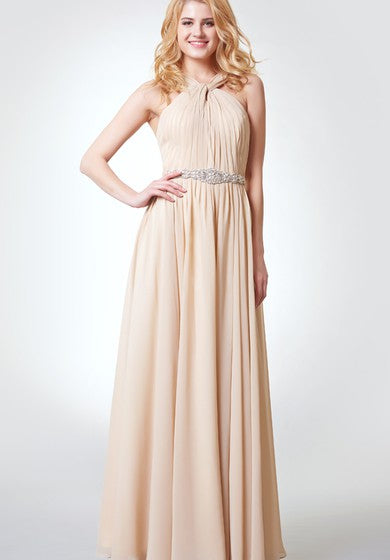 A-line Pleated Long Chiffon Dress With Straps and Sash