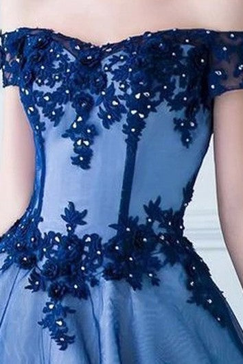 Tylové plesové šaty dlouhé až na zem bez rukávů Roztomilé plesové šaty s aplikacemi