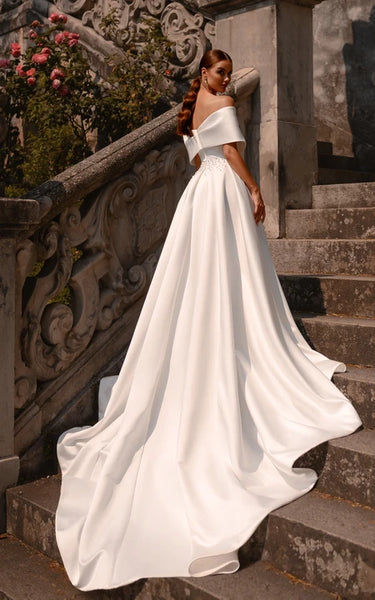 Elegant Off-the-shoulder Empire Satin Front Split Wedding Dress with Beaded Waist