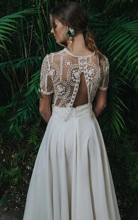 Vestido de boda de gasa de té de manga corta de dos piezas con encaje con encaje