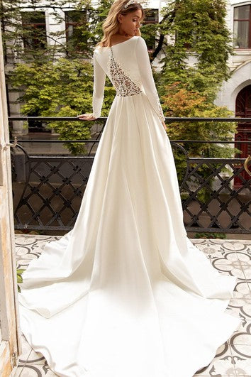 Modern A Line Satin Wedding Gown with Ruching and Train