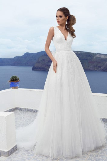 A-line V-neck Low-V Back Tulle Floor-length Dress With Bow&Sequins