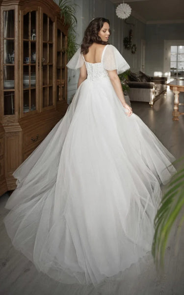 Adorable Plus Size A-line Short Bell Sleeve Tulle Wedding Dress with Beadings