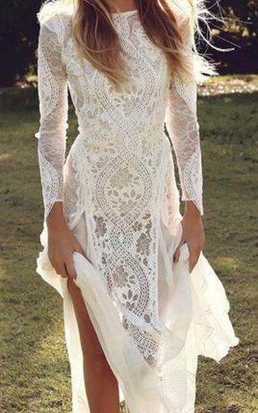 Boho Lace Front Split Long Sleeve Bateau-neck Keyhole Sheath Wedding Dress