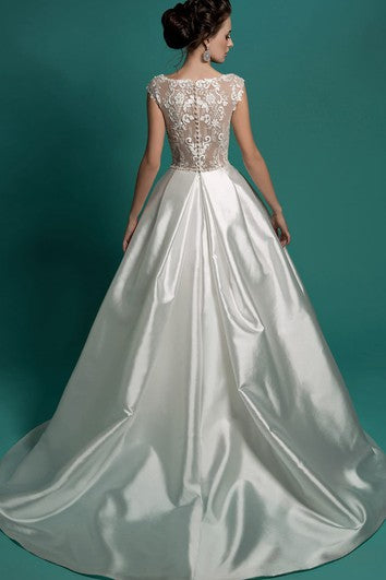 A-Line Floor-Length Bateau-Neck Cap-Sleeve Zipper Satin Dress With Appliques And Beading