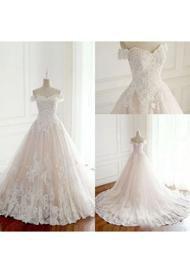 Off-the-shoulder A-line Floor-length Chapel Train Sleeveless Lace Tulle Wedding Dress with Lace-up Back