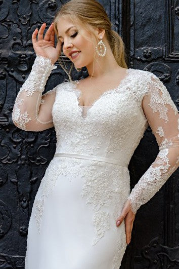 Romantic Satin A Line Floor-length Train Long Sleeve Wedding Dress with Appliques