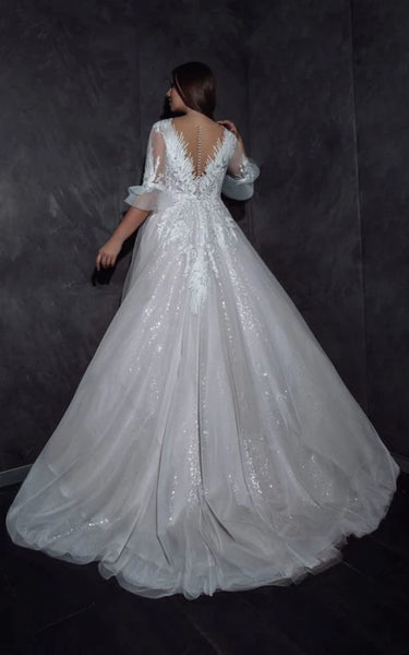 V-neck Illusion Half-sleeve A-line Plus Size Ball Gown Wedding Dress with Lace applique