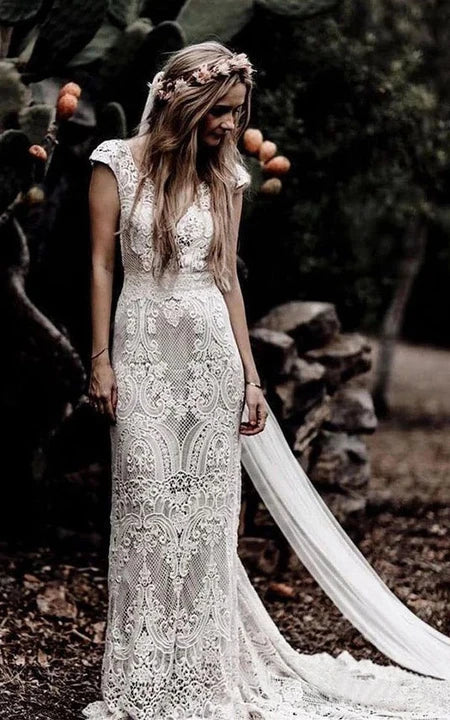 فستان زفاف زفاف دانتيل غمد العميق عتيقة