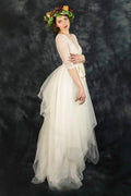 Robe vintage en tulle et dentelle à manches mi-longues et col en V avec nœud drapé