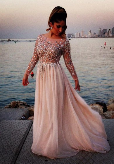 Glamorous Long Sleeve Beadings Prom Dresses 2022 Long Chiffon