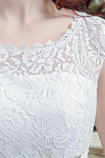 Elegant Illusion Lace Beadings Wedding Dress Cap Sleeve Zipper