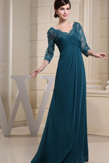 V-Neck Maxi Empire Illusion Sleeve and Dress With Appliques