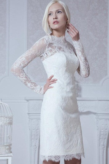 High Neck Long Sleeve Sheath Lace Knee Length Dress With Keyhole Back