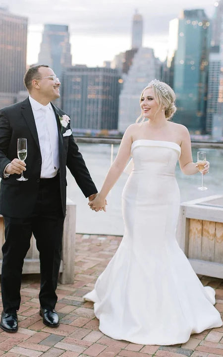 Robe de mariée sirène bustier élégante en satin grande taille avec nœud dans le dos