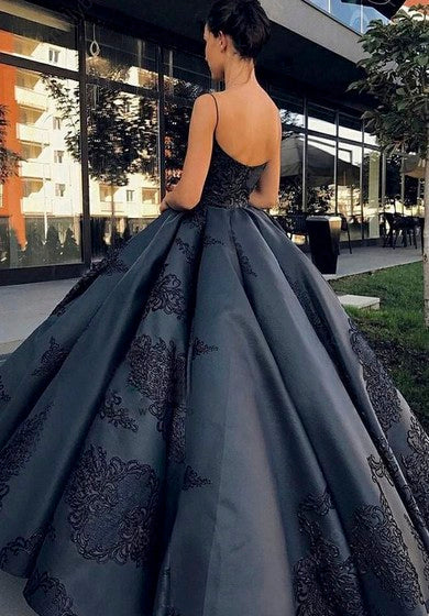 Open Back Spaghetti Elegant Satin Ball Gown With Lace Appliques And Ruffles