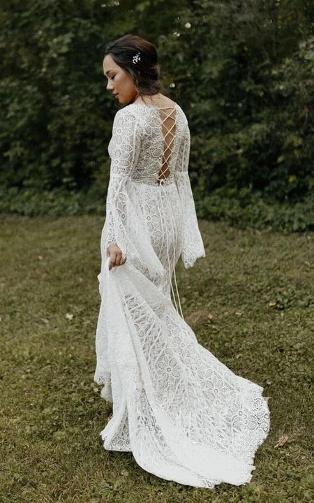 Vestido de boda de caracol de hojaldre hippie con cuello en V