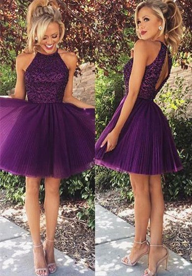 Elegant Purple Beadings High Neck Homecoming Dress Short