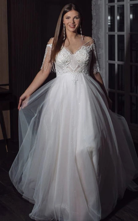 Cowl-neck Off-the-shoulder Plus Size A-line Wedding Dress with Crystal Detailings and Lace applique