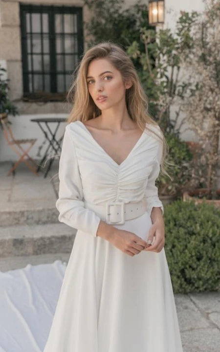 Vestido de novia con cinturón A-Line con cinturón A-Line con cinturón de manga larga de manga larga con cinturón
