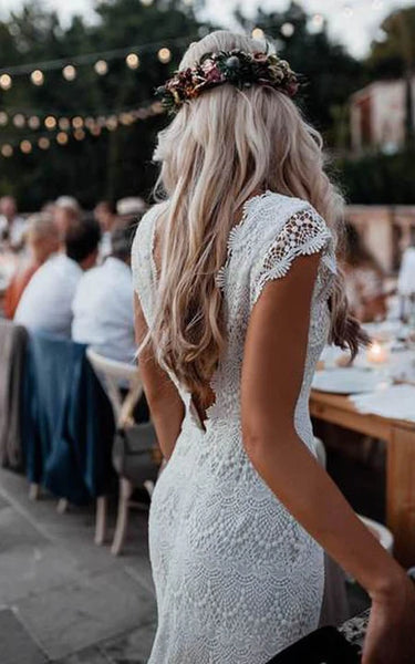 Lace Cap-sleeve Sheath Simple Hippie Deep-v Back Wedding Dress