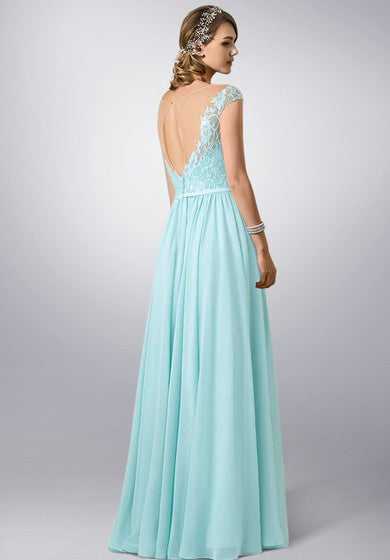 Bateau Neck Lace and Chiffon Long Dress With Illusion Back