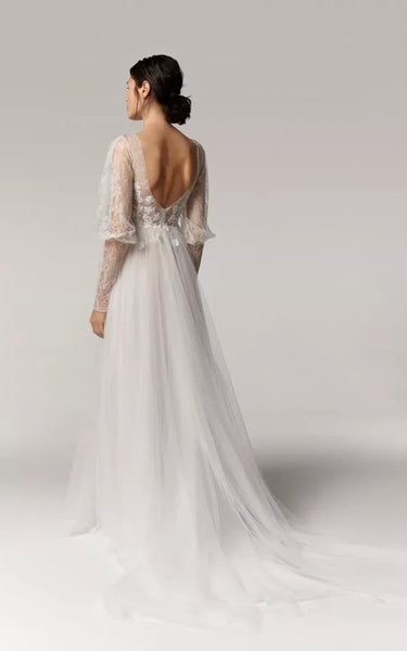 Plunged Neck Illusion Puff Long Sleeve Tulle A-line Wedding Dress with Sweep Train