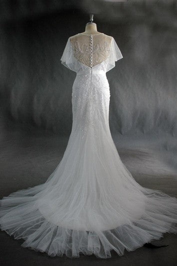 Vestito di sirena di tulle abbellita in pizzo con illusione