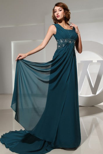 Chiffon Floor-Length Beaded Dress With Pleats and Ruching