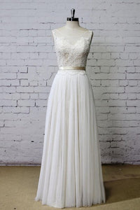 Scoop Neck A-Line Tulle and Lace Dress With Pleats and Satin Sash