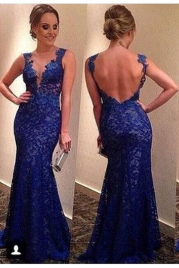 Sexy Backless Royal Blue Evening Dresses V-neck Sleeveless Full Lace Prom Gowns