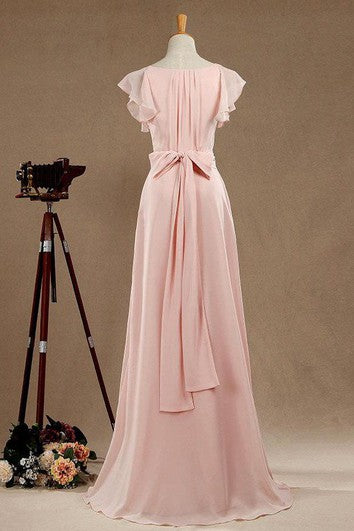 Dlouhé šaty z šifónu s výstřihem do V, lodičkovými rukávy, áčkovým střihem, rozparkem a páskem