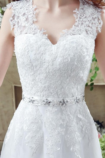 Timeless Lace Appliques Tulle Wedding Dress Cap Sleeve Beadings Zipper