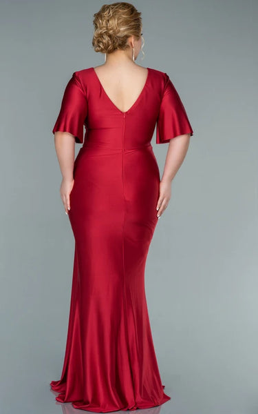 Charming V-neck Half-sleeve Sheath Mermaid Ruched Front Split Plus Size Evning Dress