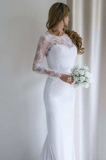 Bateau Lace Long Sleeve Sheath Chiffon Wedding Dress With Sweep Train