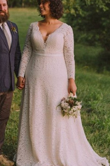 Simple A Line Lace Floor-length Long Sleeve Low-V Back Wedding Dress