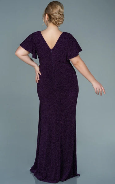 Poet-sleeve V-neck Sequin Ruched Slit Front Plus Size Evning Dress