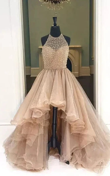 Champagne Spaghetti High-low Empire Tulle Ruffled Prom Dress with Beaded Top