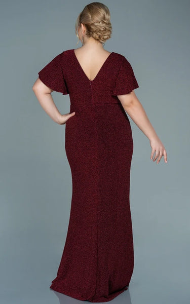 Poet-sleeve V-neck Sequin Ruched Slit Front Plus Size Evning Dress