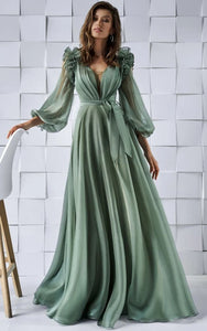 Puff-long-sleeve Chiffon Satin Dress with Bow and Ruffle