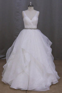 Organza V-Neck Sleeveless Dress With Ruffles and Beaded Waist